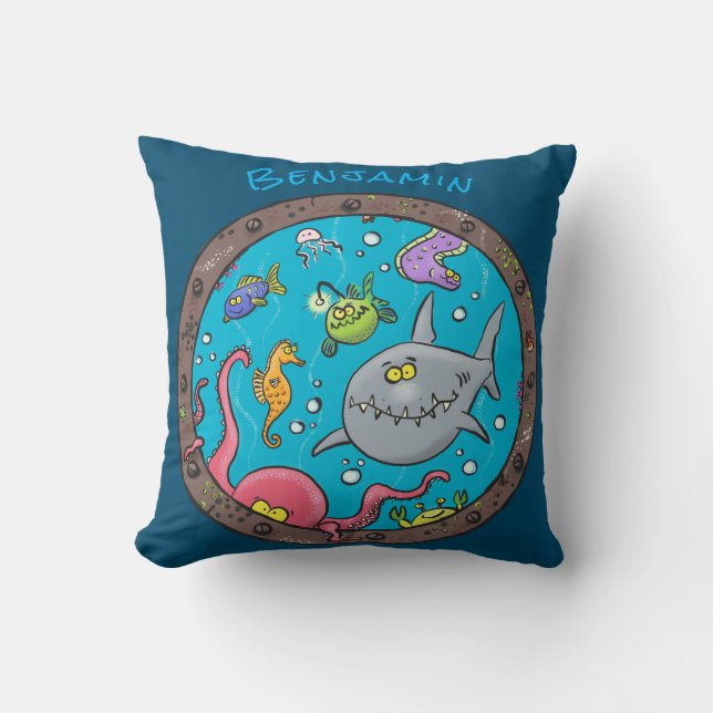 Funny sea creatures underwater cartoon drawing throw pillow (Front)