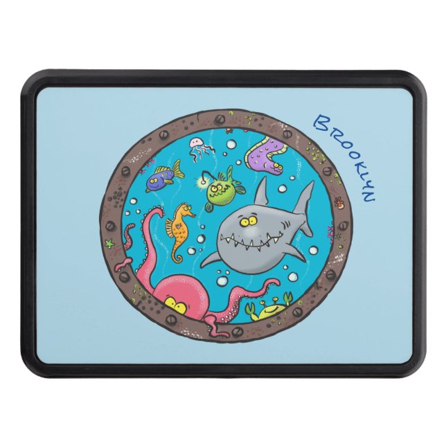 Funny sea creatures underwater cartoon drawing trailer hitch cover (Front)