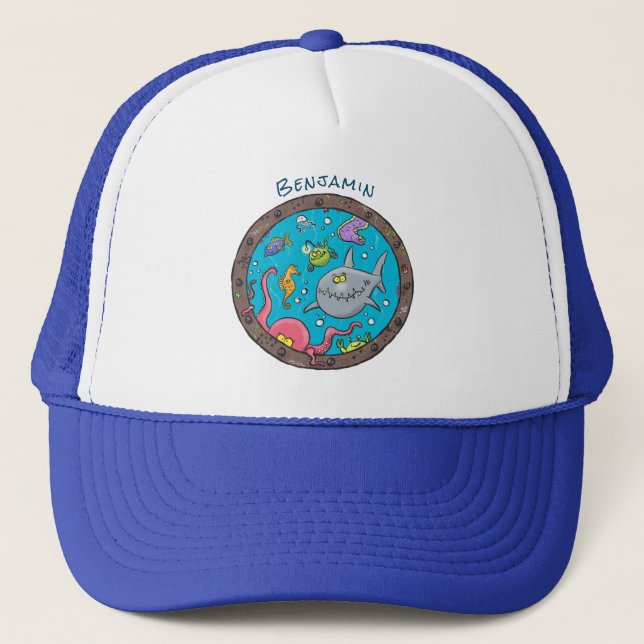 Funny sea creatures underwater cartoon drawing trucker hat (Front)