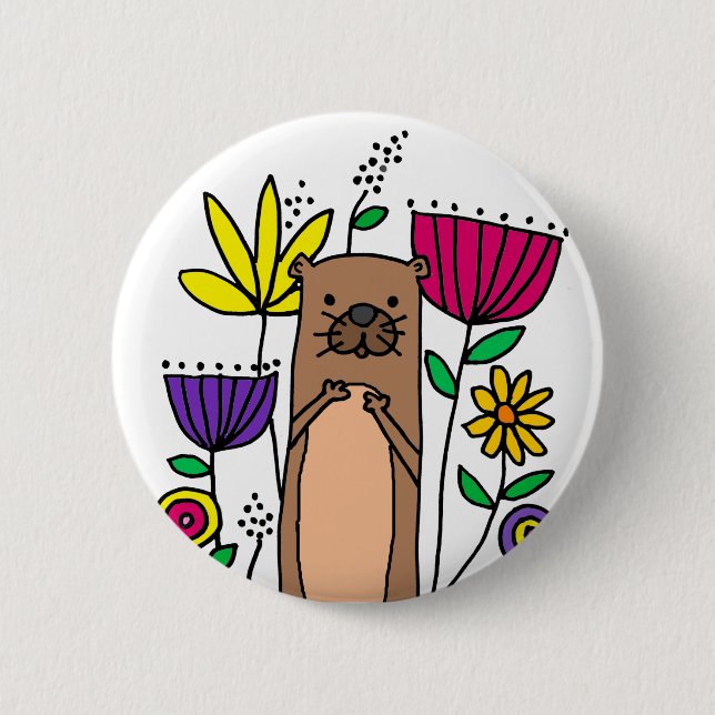 Funny Sea Otter in Flower Garden Cartoon 2 Inch Round Button (Front)