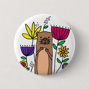 Funny Sea Otter in Flower Garden Cartoon 2 Inch Round Button