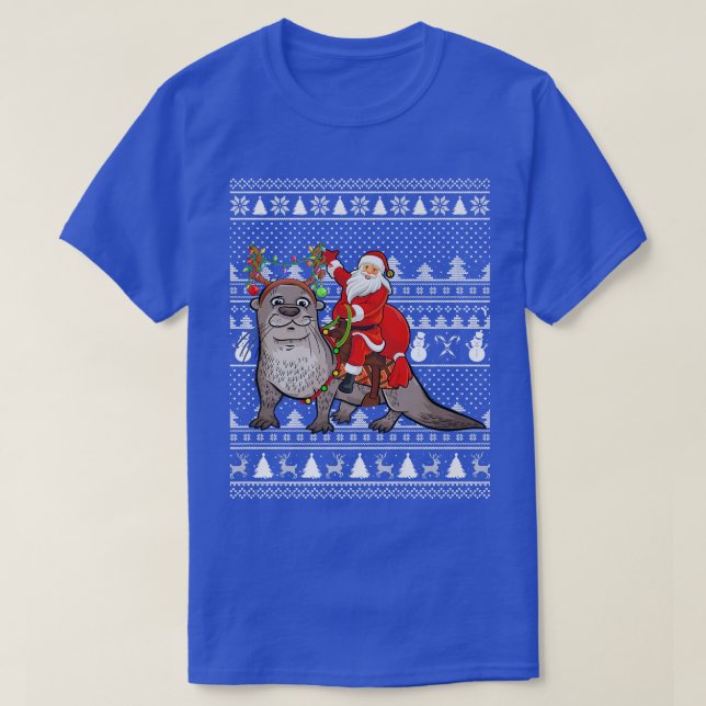 Funny Sea Otter Lover Santa Riding Sea Otter Ugly  T-Shirt (Design Front)