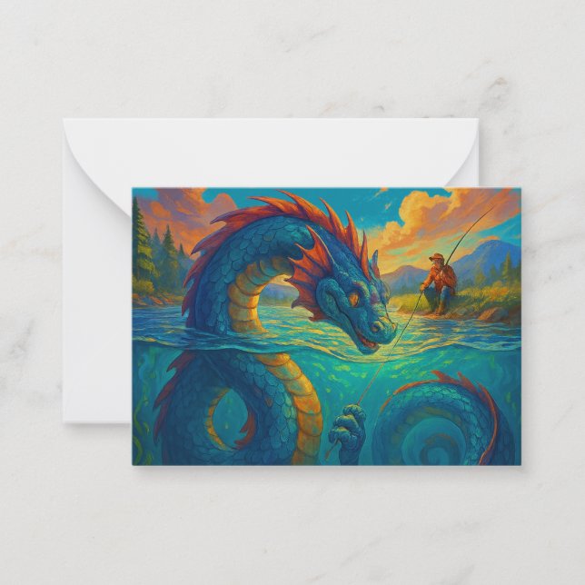 Funny sea serpent playing with a fisherman fantasy card (Front)