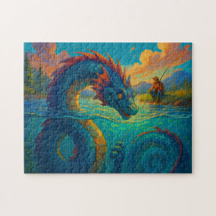 Funny sea serpent playing with a fisherman fantasy jigsaw puzzle