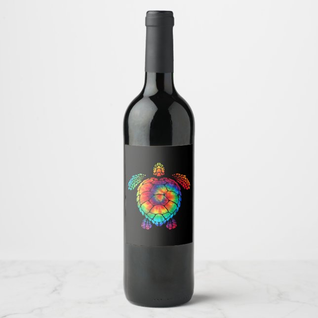 Funny Sea Turtle Ocean Tie Dye Rainbow Hippie Cost Wine Label (Front)