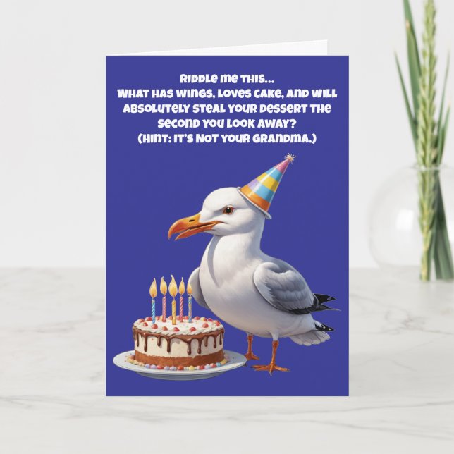 Funny Seagull Birthday Riddle – Cake at Risk! Card (Front)