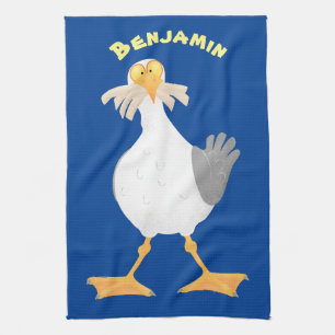 Funny seagull with French fries cartoon Kitchen Towel
