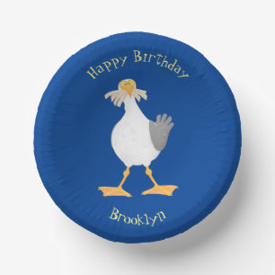 Funny seagull with French fries cartoon Paper Plate