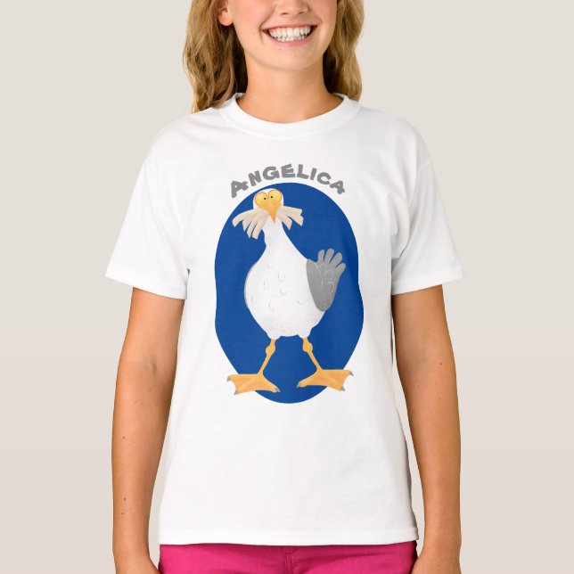 Funny seagull with French fries cartoon T-Shirt (Front)