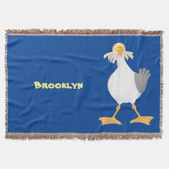 Funny seagull with French fries cartoon Throw Blanket (Front)