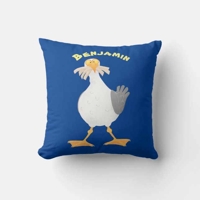 Funny seagull with French fries cartoon Throw Pillow (Front)