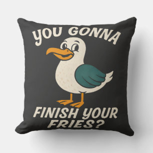 Funny Seagull "You Gonna Finish Your Fries?" Beach Throw Pillow