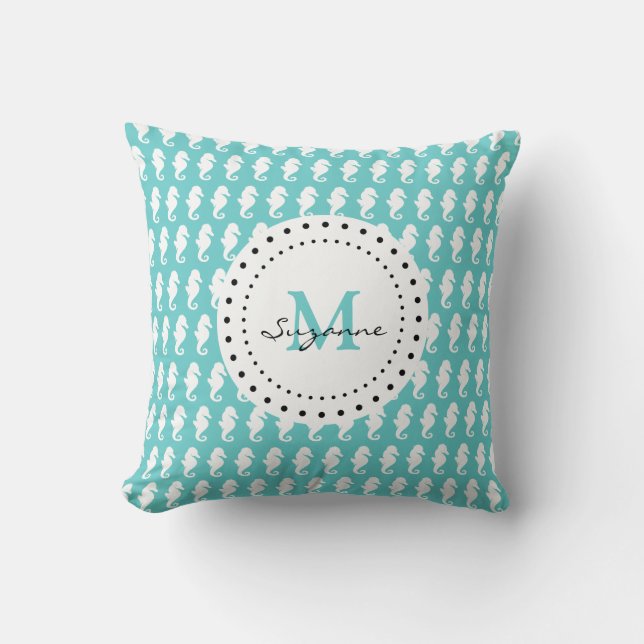 Funny Seahorses Monogrammed Throw Pillow (Front)