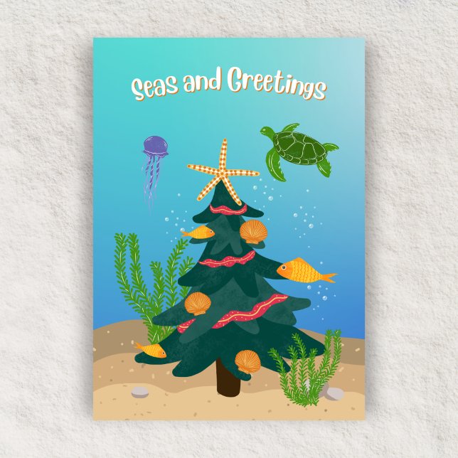 Funny Seas and Greetings Ocean Christmas Tree Flat Holiday Card (Creator Uploaded)
