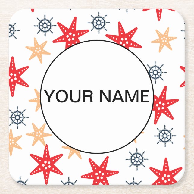 Funny Seastars And Steerwheels Pattern Square Paper Coaster (Front)