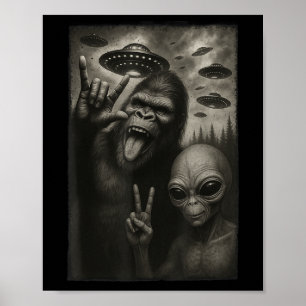 Funny Selfie Bigfoot Alien Sasquatch Rock On Hand Poster
