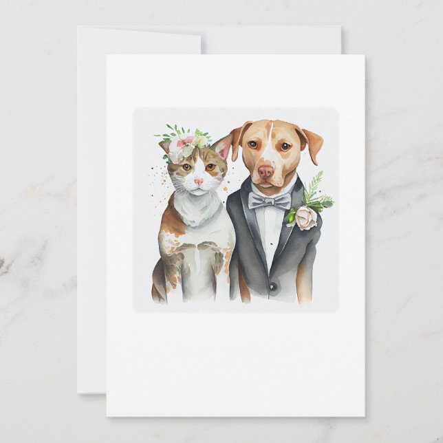 funny serious: cat and dog weding, watercolor invitation (Front)