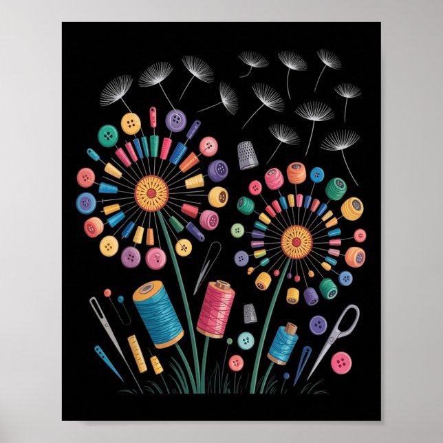 Funny Sewing Dandelion Flowers Thread Buttons Quil Poster (Front)