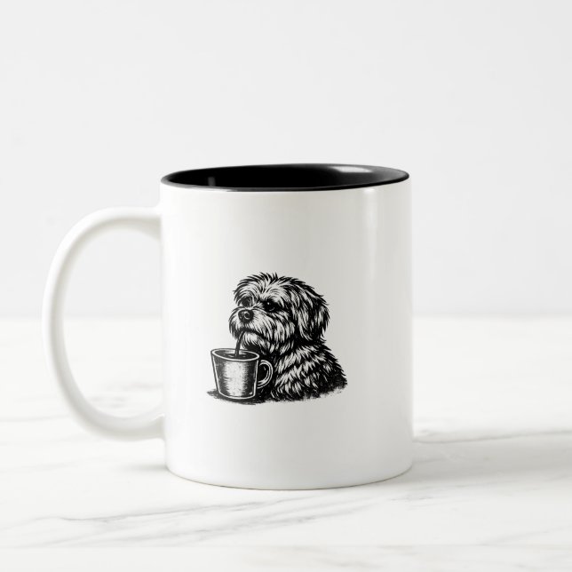 Funny Shaggy Dog Drinking Coffee Sketch Two-Tone  Mug (Left)