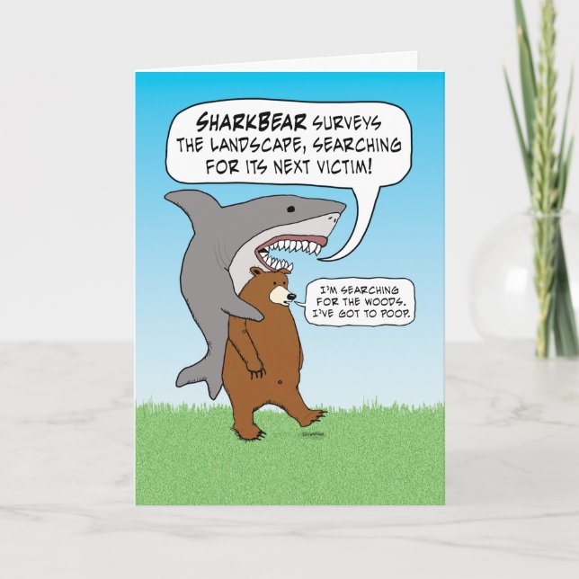 Funny Shark and Bear Quest Birthday Card (Front)