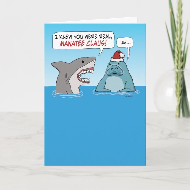 Funny Shark and Manatee Claus Christmas Card (Front)