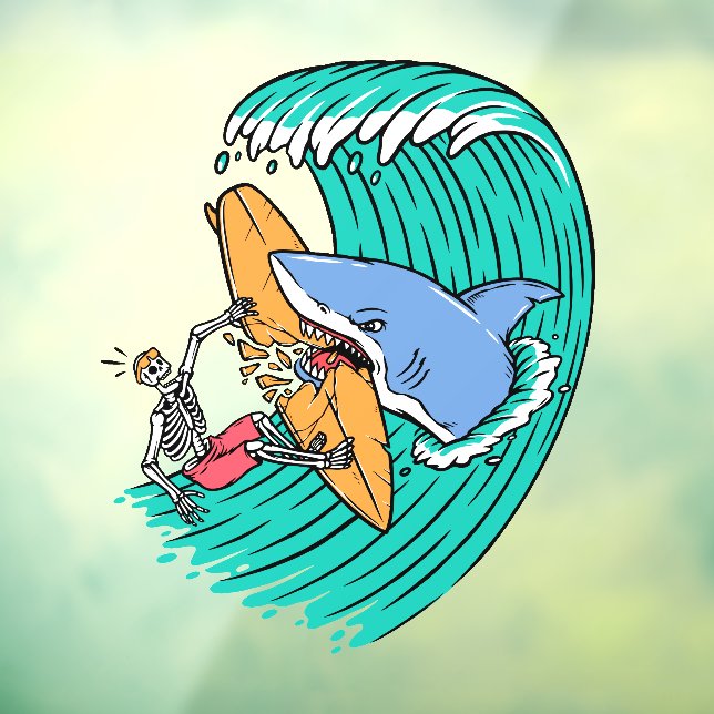 Funny Shark Attacks Surfer Skeleton Dude Window Cling (Sheet 3)