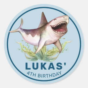 Funny Shark Blue Ocean Theme Kids Birthday Party Classic Round Sticker