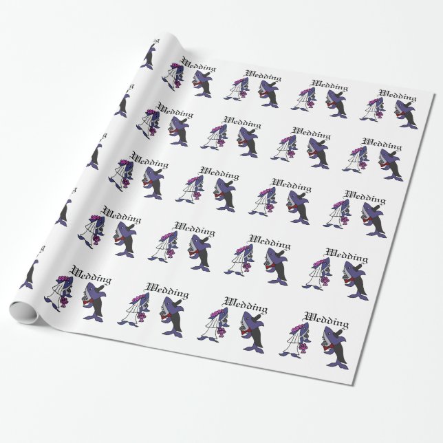 Funny Shark Bride and Groom Wedding Cartoon Wrapping Paper (Unrolled)