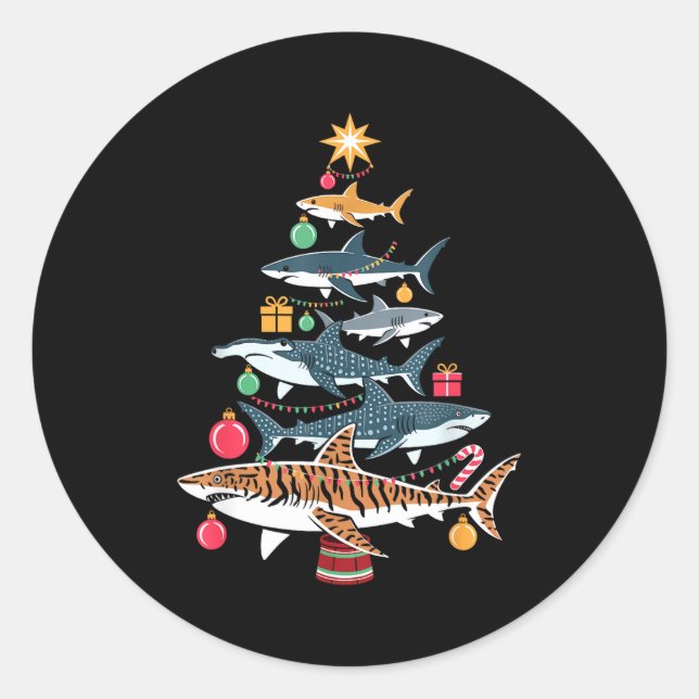 Funny Shark Christmas Tree  Classic Round Sticker (Front)