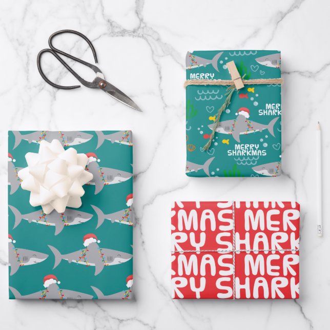 Funny Shark Christmas Wrapping Paper Sheet (Front)