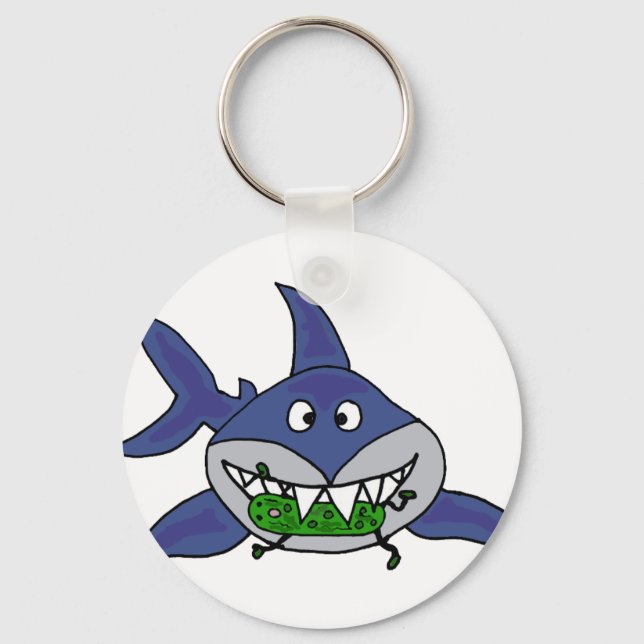 Funny Shark Eating Pickle Man Cartoon Keychain (Front)