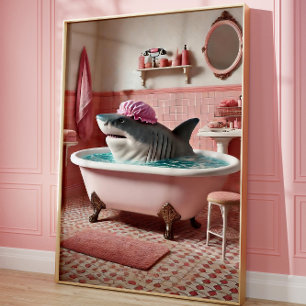 Funny Shark in Bathtub Pink Bathroom Poster
