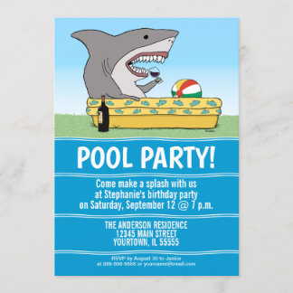 Funny Shark in Pool Birthday Party Invitation