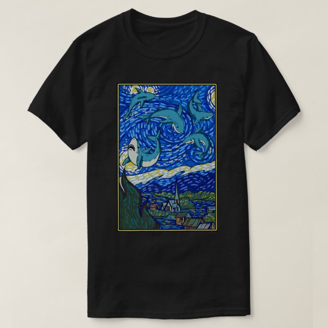 Funny Shark Lover Starry Night Vincent Van Gogh T-Shirt (Design Front)