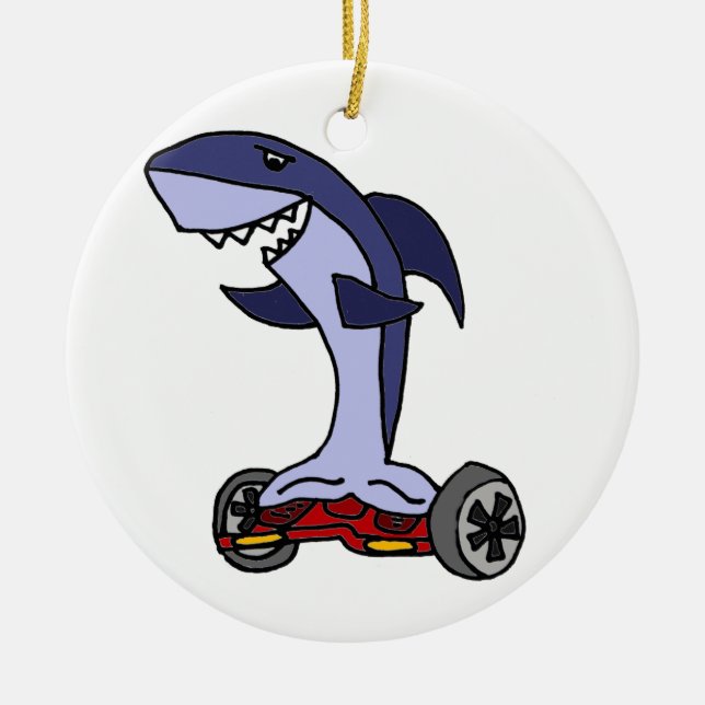 Funny Shark on Red Hoverboard Ceramic Ornament (Front)