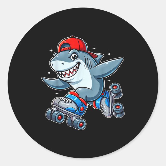 Funny Shark On Roller Skates Cute Cool Skater Anim Classic Round Sticker (Front)