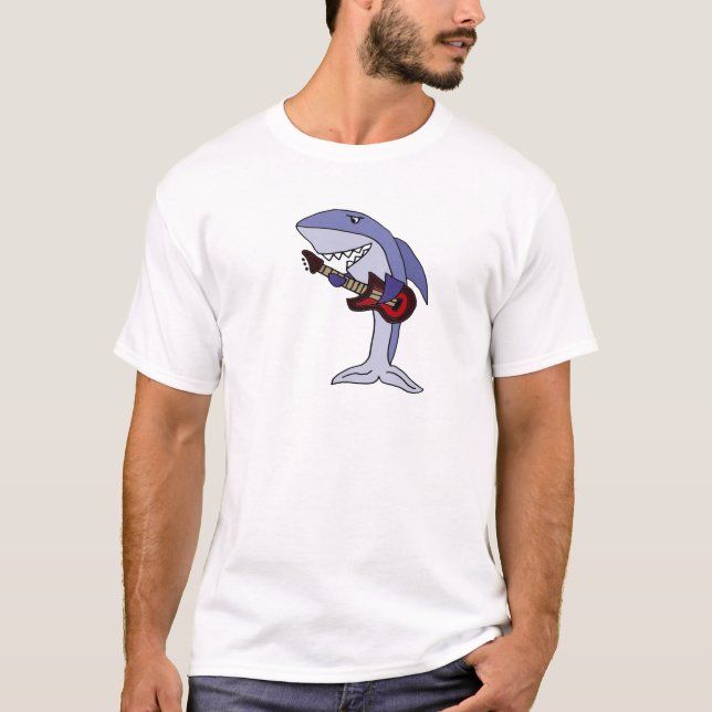 Funny Shark Playing Red Guitar T-Shirt (Front)