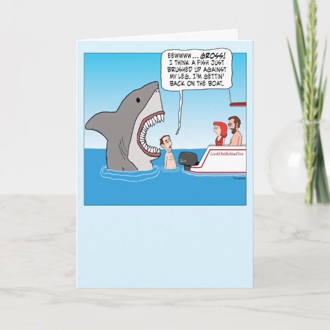 Funny Shark Sneaking Up on Swimmer Birthday Card (Front)