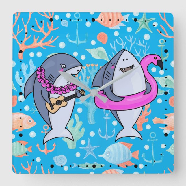 Funny Shark Undersea Coral Party Ukulele Square Wall Clock (Front)