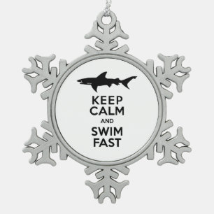 Funny Shark Warning - Keep Calm and Swim Fast Snowflake Pewter Christmas Ornament