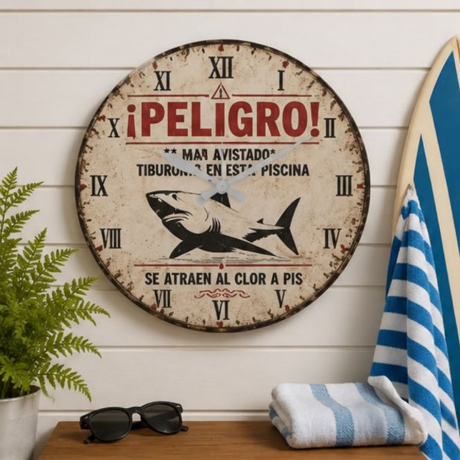 Funny Shark Warning Spanish Large Clock (Creator Uploaded)