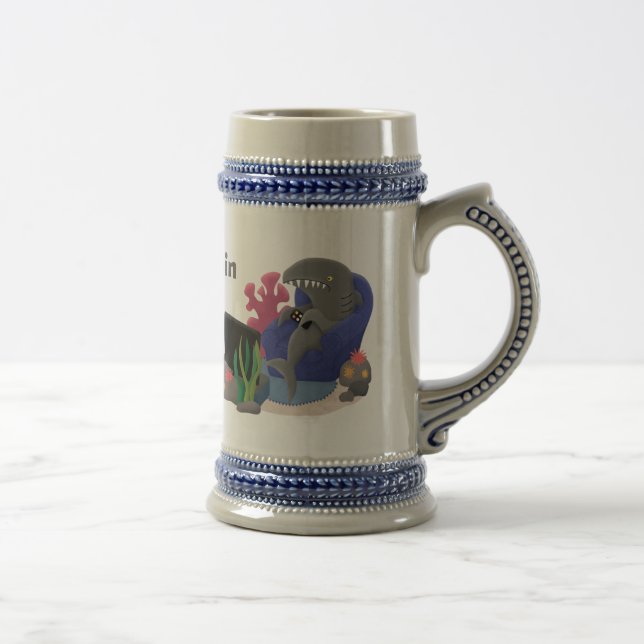 Funny shark watching TV cartoon Beer Stein (Right)