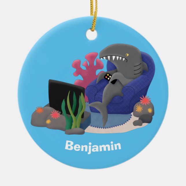 Funny shark watching TV cartoon Ceramic Ornament (Front)