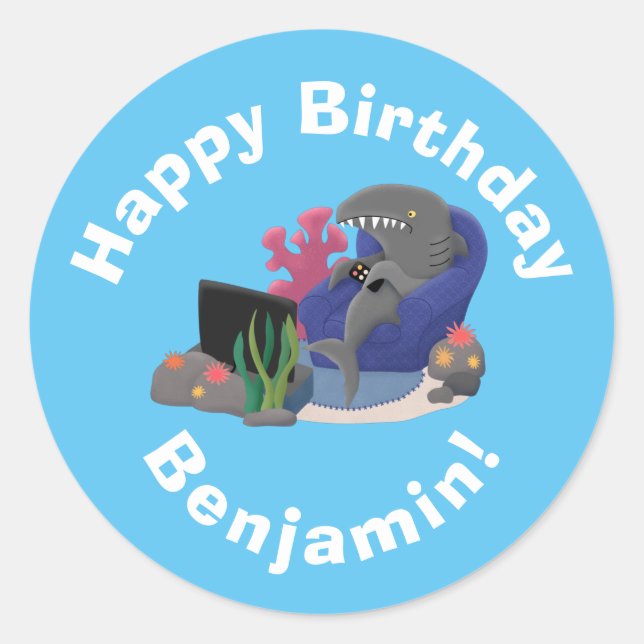 Funny shark watching TV cartoon Classic Round Sticker (Front)