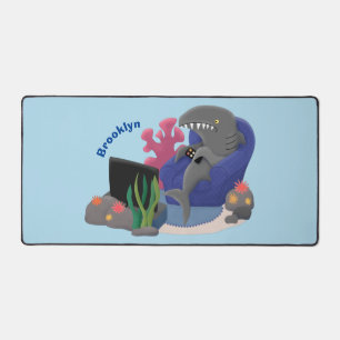 Funny shark watching TV cartoon Desk Mat