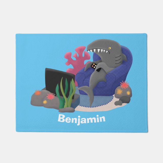 Funny shark watching TV cartoon Doormat (Front)