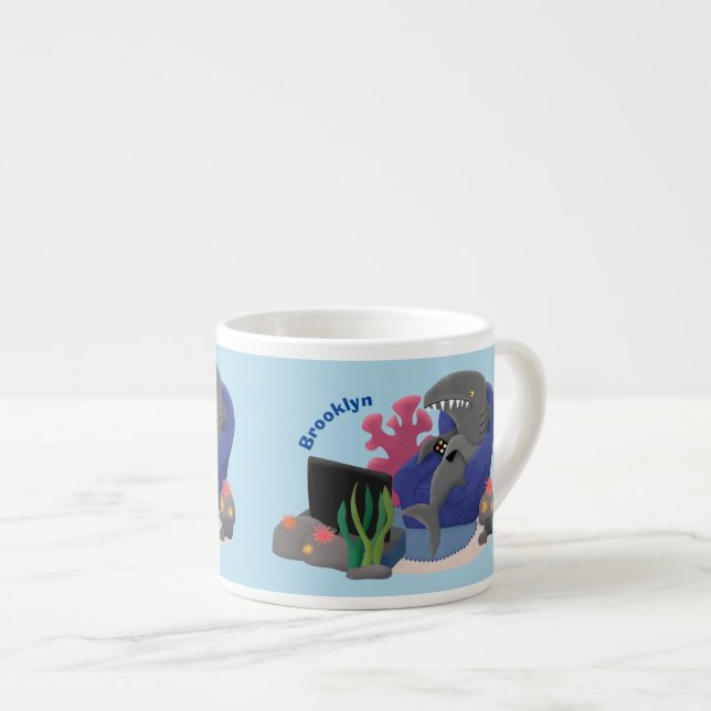 Funny shark watching TV cartoon Espresso Cup (Front Right)