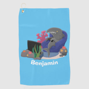 Funny shark watching TV cartoon Golf Towel