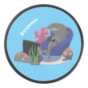 Funny shark watching TV cartoon Hockey Puck