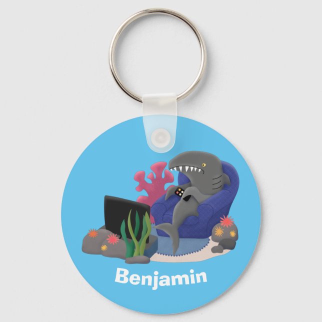 Funny shark watching TV cartoon Keychain (Front)